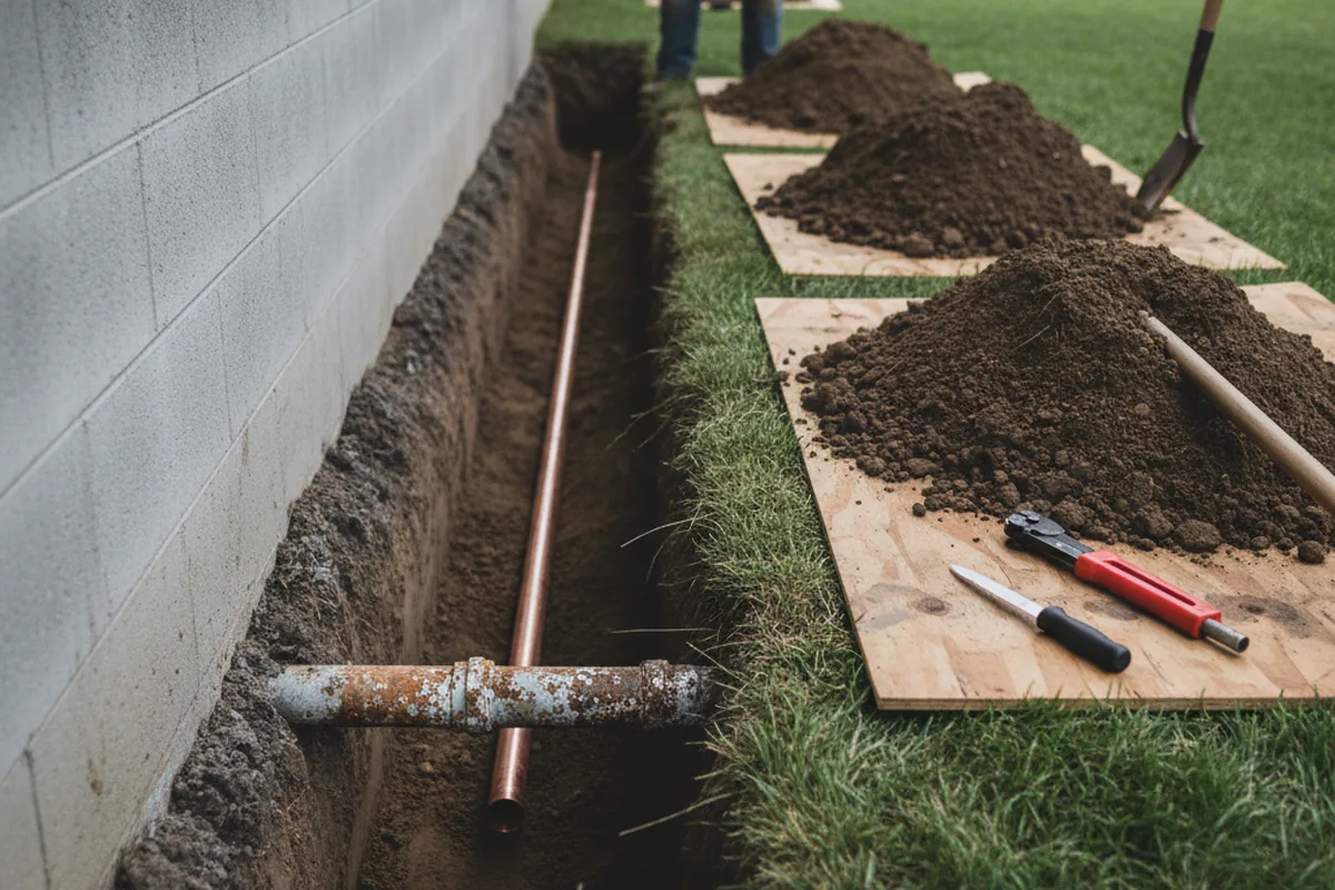 Excavated water line trench during Sewer Line Repair in Mamaroneck